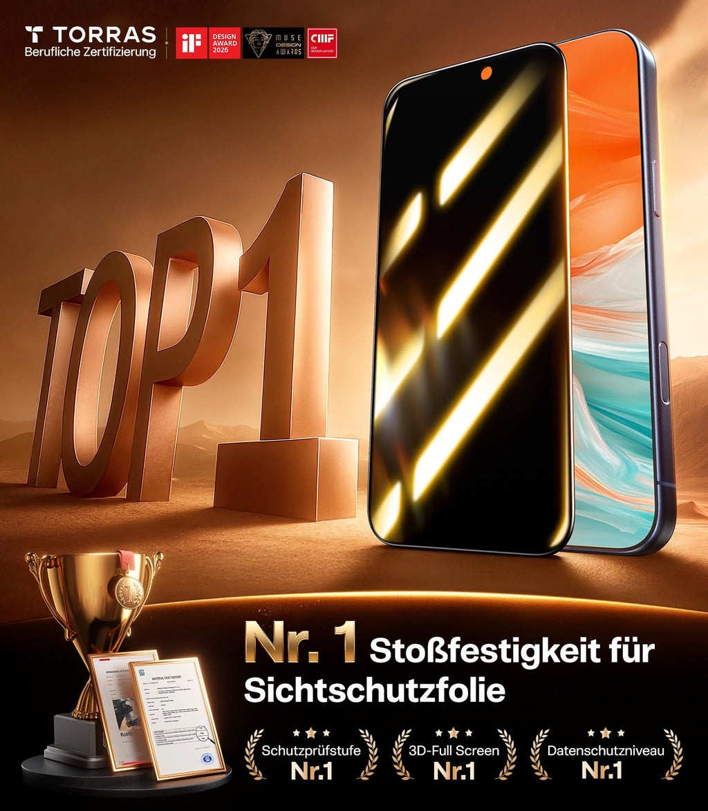 TORRAS für iPhone 17 Pro Max für Panzerglas Sichtschutz [Full Screen] Privacy Schutzfolie für iPhone 17 Pro Max Dauerhaft 9H+ Schutzglas, 0 Blasen Einbaurahmen [TOP 9H+ Bruchsicheres], 2 Stück