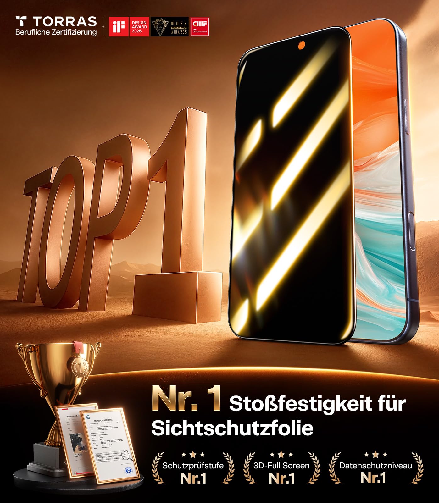 TORRAS für iPhone 17 Pro Max für Panzerglas Sichtschutz [Full Screen] Privacy Schutzfolie für iPhone 17 Pro Max Dauerhaft 9H+ Schutzglas, 0 Blasen Einbaurahmen [TOP 9H+ Bruchsicheres], 2 Stück
