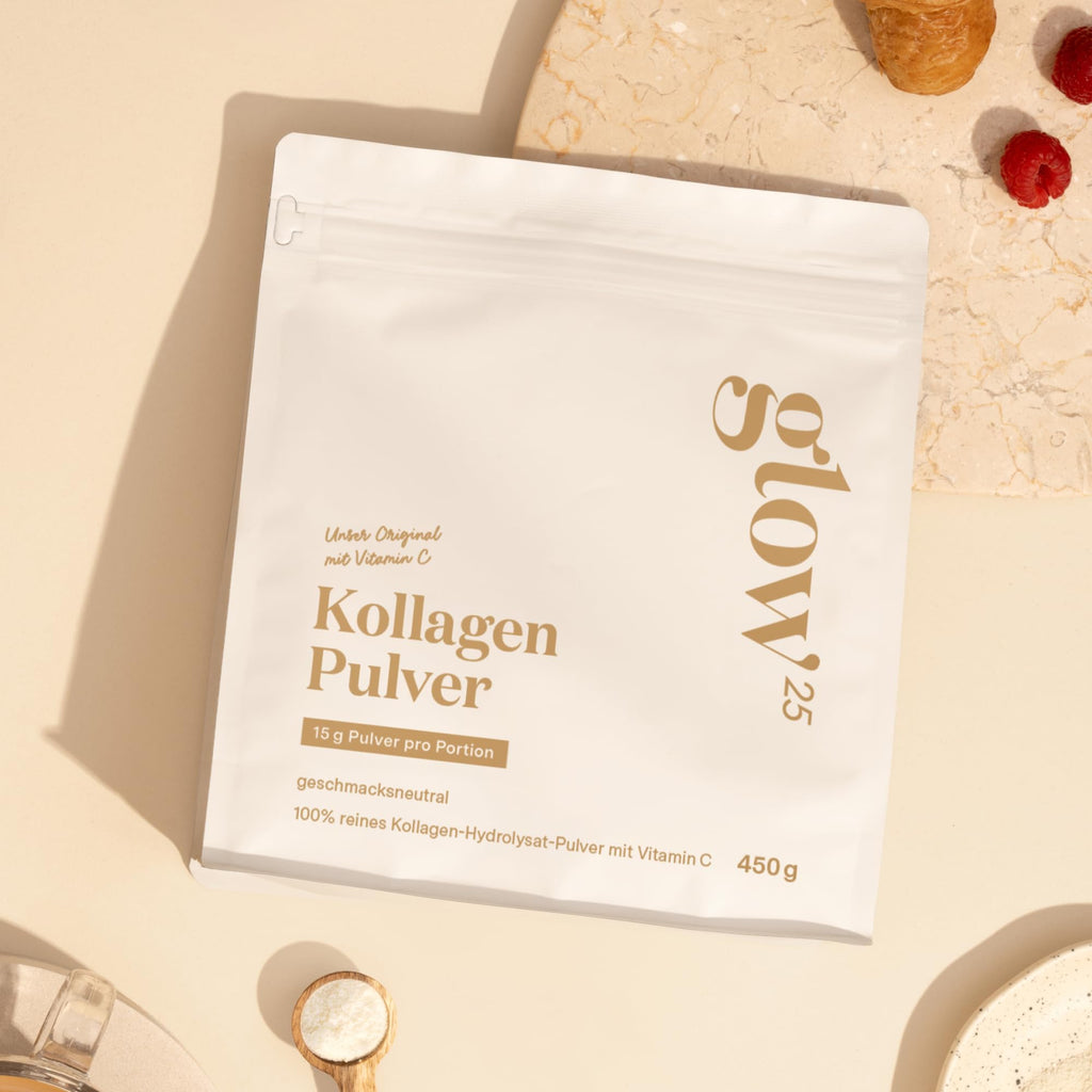 Glow25® Collagen Pulver [450g] – Unser Original – Kollagen Hydrolysat mit Vitamin C – Peptide Typ 1 und 3 – Gute Löslichkeit – Neutral