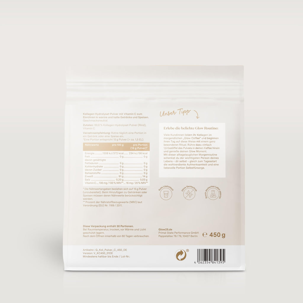Glow25® Collagen Pulver [450g] – Unser Original – Kollagen Hydrolysat mit Vitamin C – Peptide Typ 1 und 3 – Gute Löslichkeit – Neutral