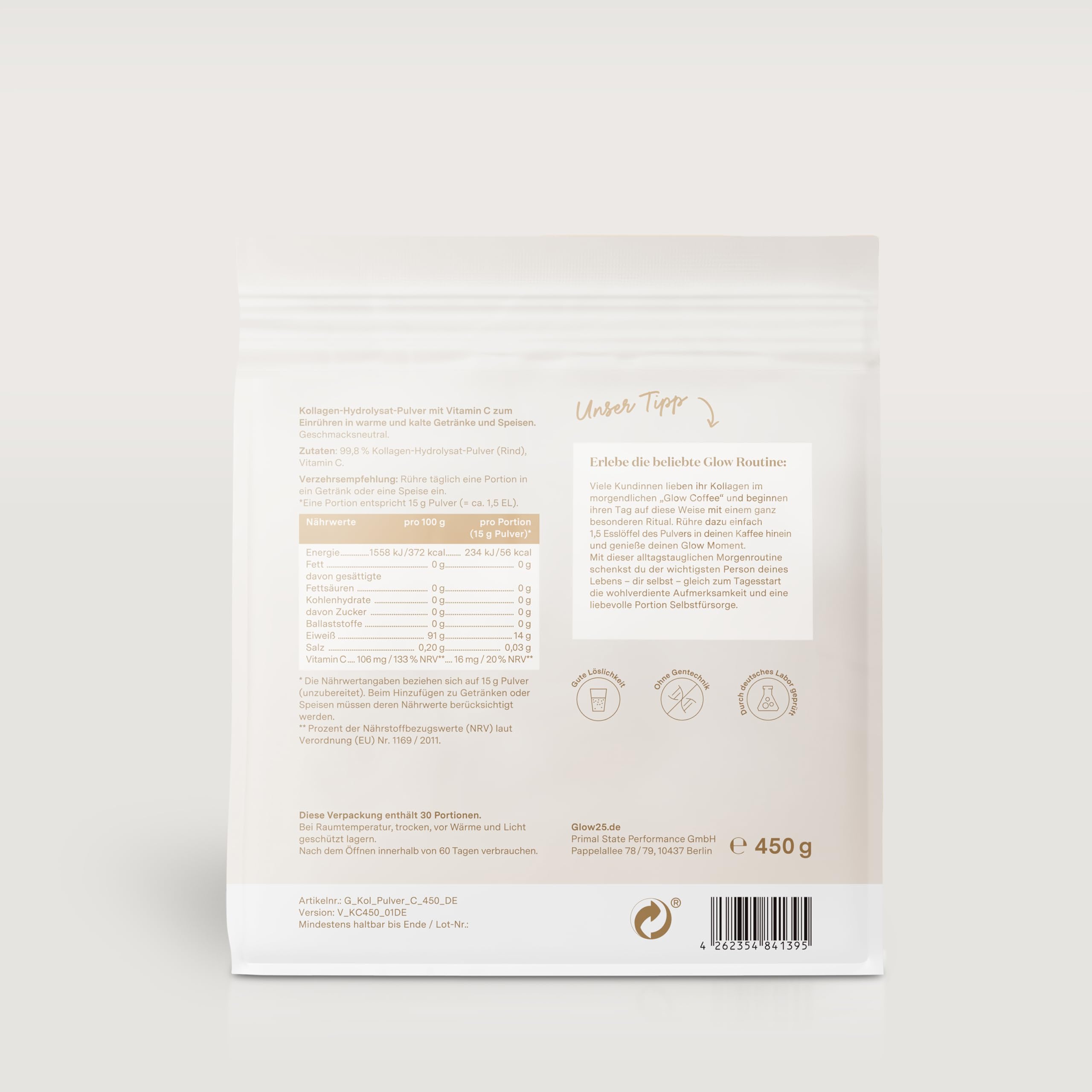 Glow25® Collagen Pulver [450g] – Unser Original – Kollagen Hydrolysat mit Vitamin C – Peptide Typ 1 und 3 – Gute Löslichkeit – Neutral