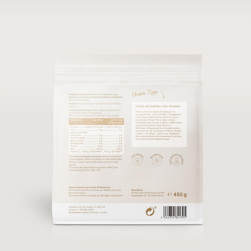 Glow25® Collagen Pulver [450g] – Unser Original – Kollagen Hydrolysat mit Vitamin C – Peptide Typ 1 und 3 – Gute Löslichkeit – Neutral